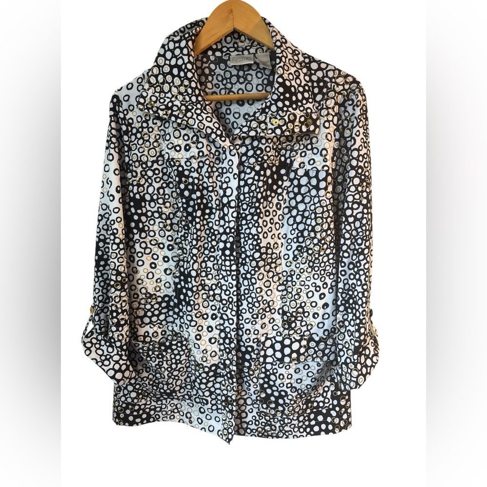 Chico's Zenergy Abstract B&W Metallic Geometric Stretch Shacket Jacket Sz 2 Lg